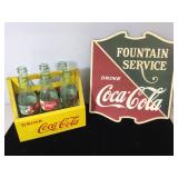 Wood Coca Cola 6 pack tray with bottles, and sign
