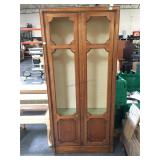 Wood cabinet with glass shelves and chicken wire