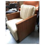 Modern wood and brass Cube Chair with cushions