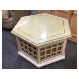 White hexagon End table w/glass top, approx 27x18