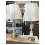 Pair of carved alabaster table lamps with brass