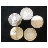 5 Morgan Silver Dollars - assorted years and