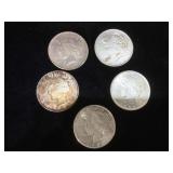 5 Peace Silver Dollars - assorted years and