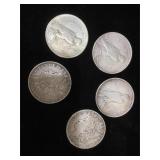 5 Morgan and Peace Silver Dollars - assorted