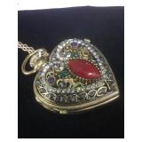 Heart-shaped watch necklace with rhinestones and
