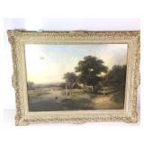Antique landscape, pond scene with children,