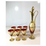 Ruby glass with gold decanter and 6 goblet set,