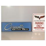 Corvette tin signs, Parkng only and Blue Sting
