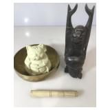 Carved wood Happy Buddha, China brass bowl, China