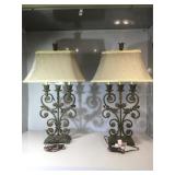 Pr Iron lamps with cloth shades