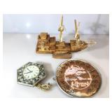 Wooden boat model w/pair of clocks