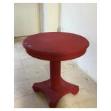 Red wooden round side table, approx 25x25 inches