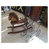 Wooden horse rocking chair and metal stand shaped