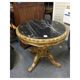 Wooden round marble top side table, approx 37x33