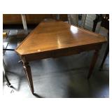 Wooden triangular table, approx 34x34x34x27