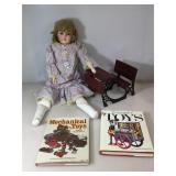 Large stuffed doll with porcelain hands and head