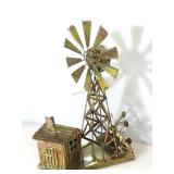 Metal windmill and cabin sculpture w/music box,