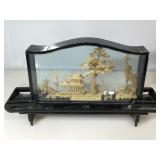 Vintage Oriental Cork Art with Stand. Frame is