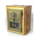 Vintage wooden kids bank, approx 5x5.4x6.8 inches