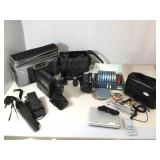 Vintage camera equipment, portable DVD player and