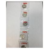 5 Silver Washington Quarters - 1964