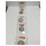 5 Silver Washington Quarters - 1952, 54, 56 and
