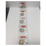 5 Silver Washington Quarters - 1959, 61, 63 and