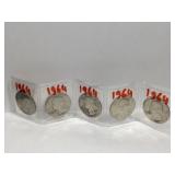 5 Silver Washington Quarters - 1964