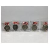 5 Silver Washington Quarters - 1940-1944