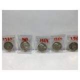 5 Silver Washington Quarters - 1960-1964