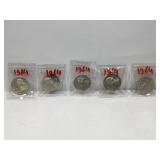 5 Silver Washington Quarters - 1964