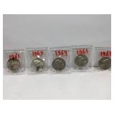 5 Silver Washington Quarters - 1961,63 and 64