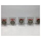 5 Silver Washington Quarters - 1950-1954