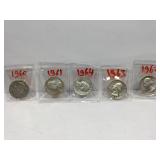 5 Silver Washington Quarters - 1960-1964
