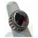 Sterling Silver ring with red stone and Marcasite