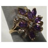 14K Gold ring with Amethysts and Diamonds - size