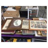 Table top lot of assorted framed vintage prints