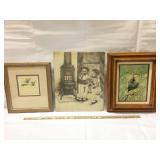 2 signed prints and painting on board