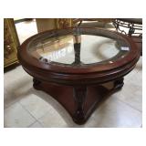 Wooden round coffee table w/glass top, approx