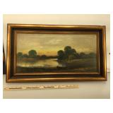 Antique landscape Pond scene painting, Oil on