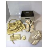 Gold shoulder bag/purse, gold baseball cap, gold