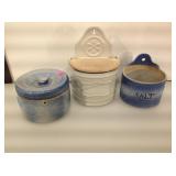 Vintage blue/ white stoneware hanging salt,