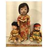 3 pre-war Japanese Character dolls, Adult and 2