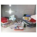 Four plastic tubs of sewing accessories and