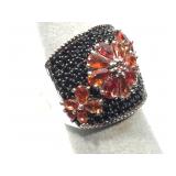 Sterling Silver ring with Orange Rubies and black