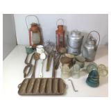 Two vintage kerosene metal hanging lanterns,