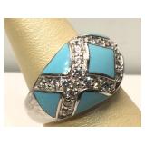 Sterling Silver ring with blue and clear stones -