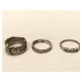 3 Sterling Silver rings - one missing some stones