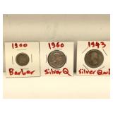 Pair of Silver Washington Quarters and 1900-S