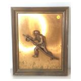 High Relief Copper Fireman Art Sculpture framed